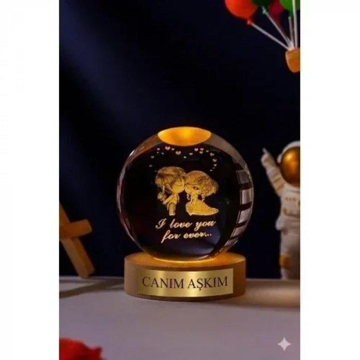 Canım Aşkım Yazılı Sevgiliye LED Işıklı Kristal Küre Lamba USBli Ahşap Standlı Masa Lambası