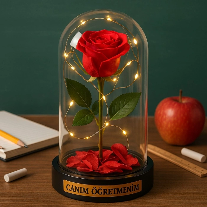 Canım Öğretmenim Temalı  Öğretmene Hediye Led Işıklı Mika Fanus Kırmızı Yapma Solmayan Gül