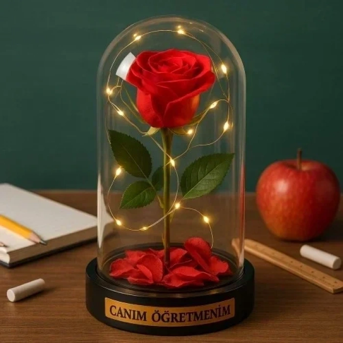 Canım Öğretmenim Temalı Öğretmene Hediye Led Işıklı Mika Fanus Kırmızı Yapma Solmayan Gül