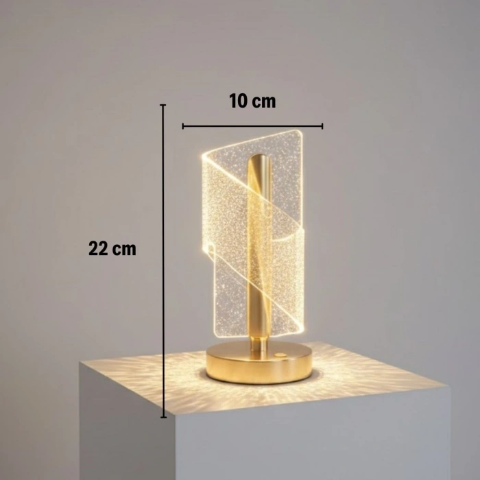 Çapraz Kavisli Kristal Simli LED Masa Lambası – Gold Gövdeli, Dokunmatik, 3 Kademe Işık Ayarlı Şarjlı Dekoratif Lamba (4887)