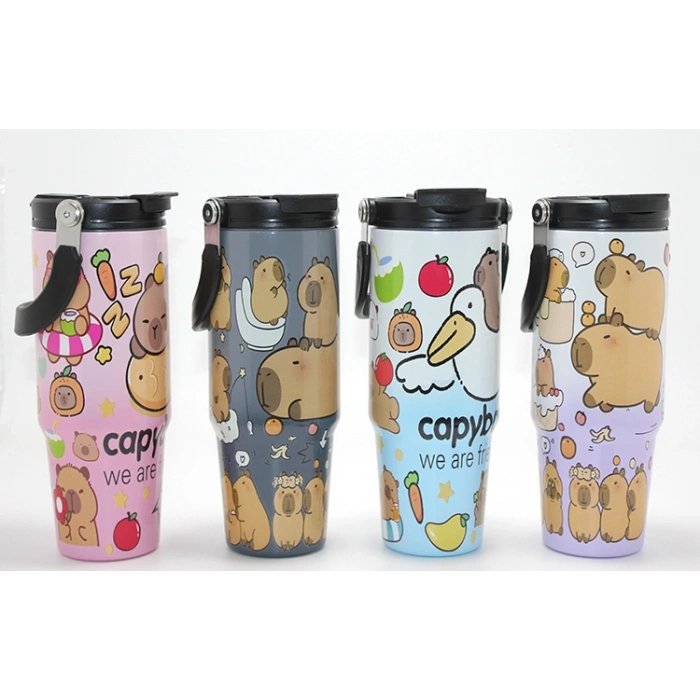Capybara Desenli Isı Muhafazalı Pipetli Dev Çelik Termos (Tumbler)