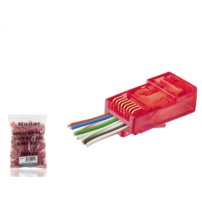 Cat6 Ez Rj45 Konnektör - 100 Adet Kirmizi / Ekonomik Poşet Paket ND2411