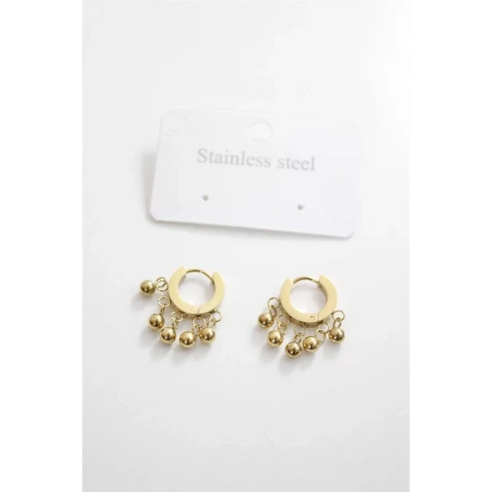 Çelik Boncuklu Halka Küpe - Altın