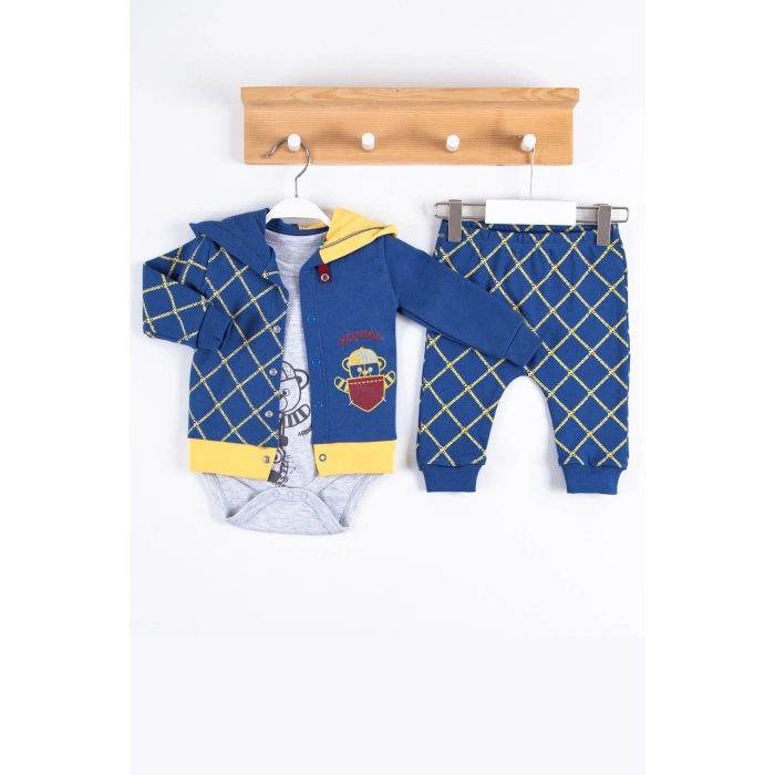 Cep Desenli Kapişonlu % 100 Pamuk Hırkalı 3lü Erkek Takım