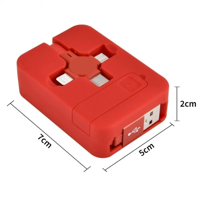 Cep Tipi Telefon Tutuculu Makaralı Uzayıp Kısalabilen 3'ü 1 Arada USB Şarj Kablosu (4887)