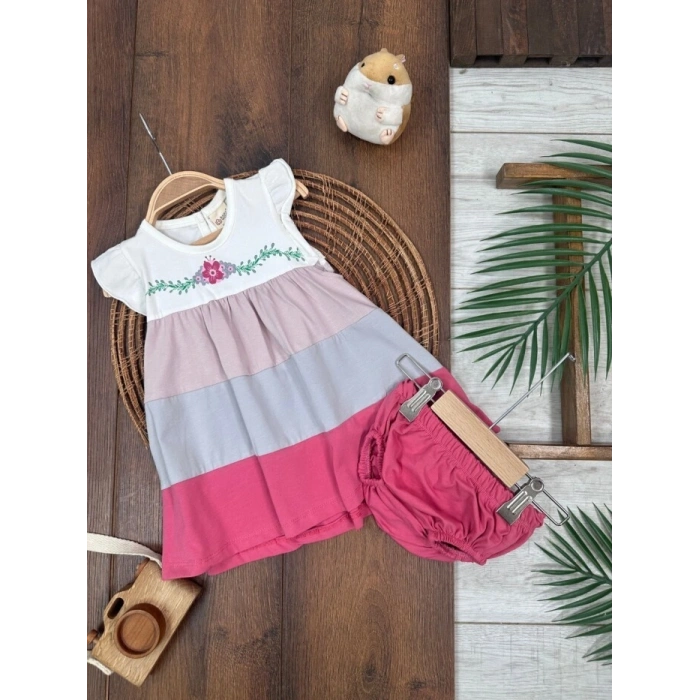 Çiçek Askılı Külotlu 2li Kız Bebek Elbise