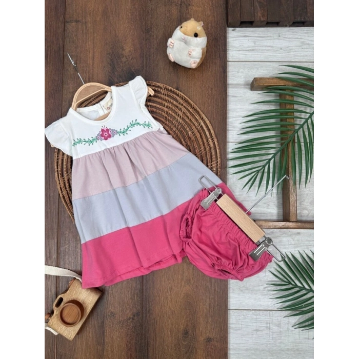 Çiçek Askılı Külotlu 2li Kız Bebek Elbise