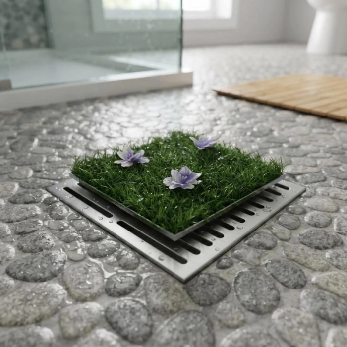 Çiçek Desenli Yapay Çim Gider Kapağı - 96x5 cm - Doğal Görünüm