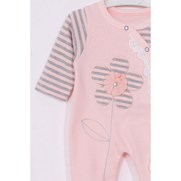 Çiçek Nakışlı % 100 Pamuk Ayaklı Kız Bebek Tulumu
