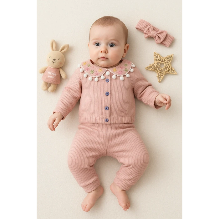 Çiçek Nakışlı Düşmeli Bandanalı Kız Bebek Takımı