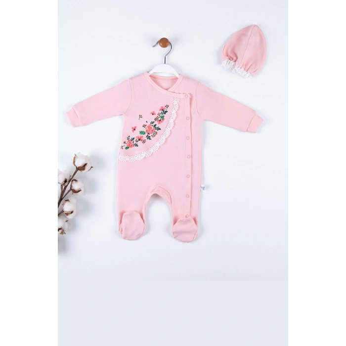 Çiçek Nakışlı Şapkalı % 100 Pamuk Kız Bebek Tulumu