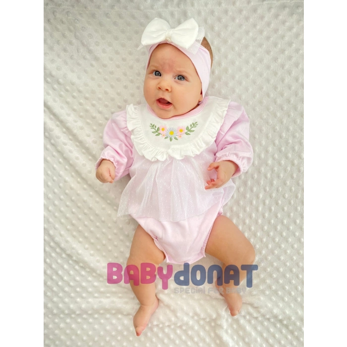 Çiçek Nakışlı Tüllü Bandanalı Kız Bebek Romper