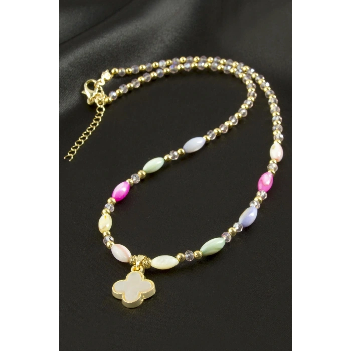 Çiçek Sedef Cam Boncuk Kristal Kolye