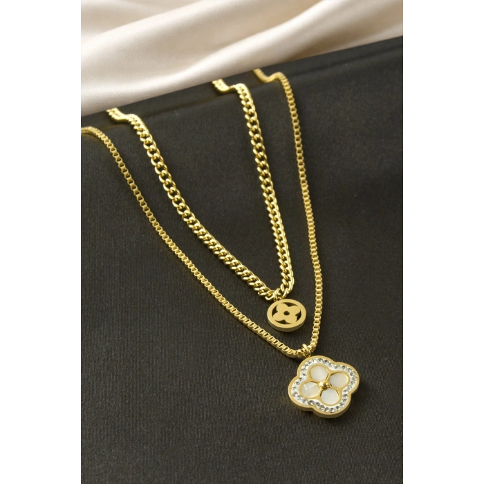 Çiçek Sedef Çelik İkili Kolye