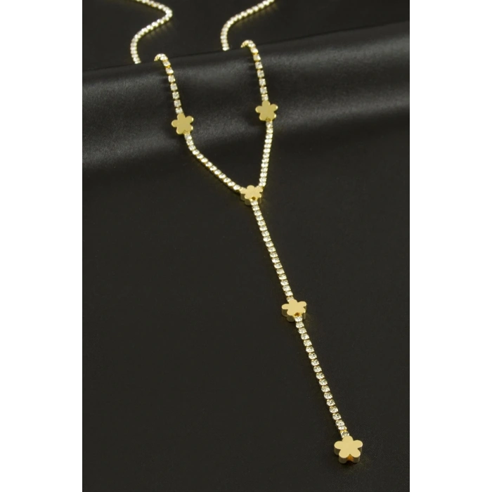 Çiçek Şerit Taşlı Çelik Y Kolye