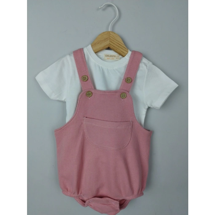 Çıçıtlı Zıbın ve Body Şapkalı Pamuklu Cepli 3lü Günlük Kız Çocuk Salopet Tulum