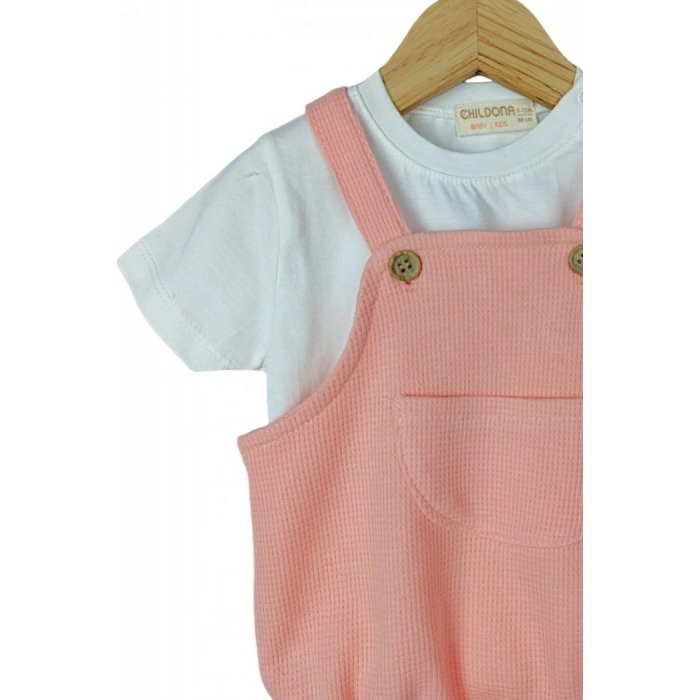 Çıçıtlı Zıbın ve Body Şapkalı Pamuklu Cepli 3lü Günlük Kız Çocuk Salopet Tulum