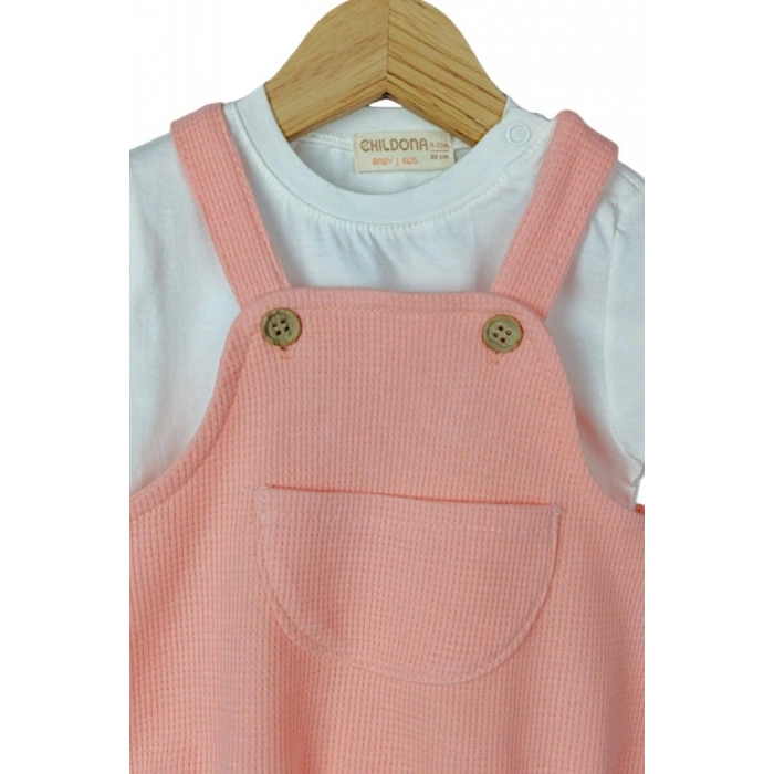 Çıçıtlı Zıbın ve Body Şapkalı Pamuklu Cepli 3lü Günlük Kız Çocuk Salopet Tulum