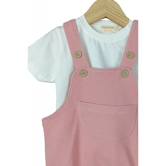 Çıçıtlı Zıbın ve Body Şapkalı Pamuklu Cepli 3lü Günlük Kız Çocuk Salopet Tulum