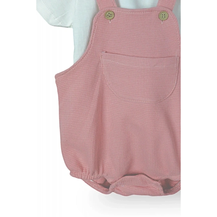 Çıçıtlı Zıbın ve Body Şapkalı Pamuklu Cepli 3lü Günlük Kız Çocuk Salopet Tulum