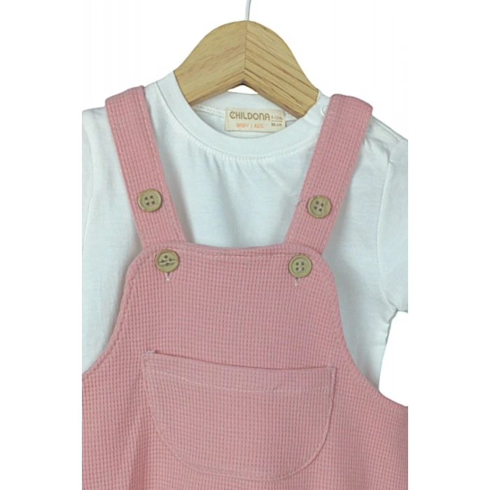 Çıçıtlı Zıbın ve Body Şapkalı Pamuklu Cepli 3lü Günlük Kız Çocuk Salopet Tulum