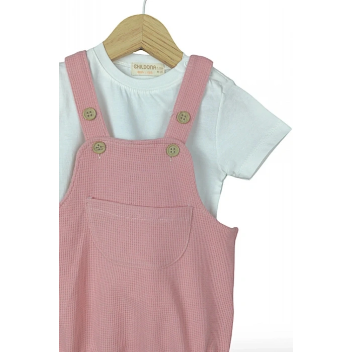 Çıçıtlı Zıbın ve Body Şapkalı Pamuklu Cepli 3lü Günlük Kız Çocuk Salopet Tulum