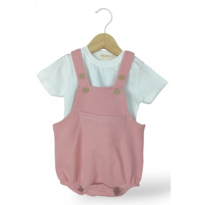 Çıçıtlı Zıbın ve Body Şapkalı Pamuklu Cepli 3lü Günlük Kız Çocuk Salopet Tulum