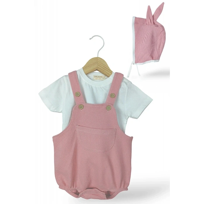 Çıçıtlı Zıbın ve Body Şapkalı Pamuklu Cepli 3lü Günlük Kız Çocuk Salopet Tulum