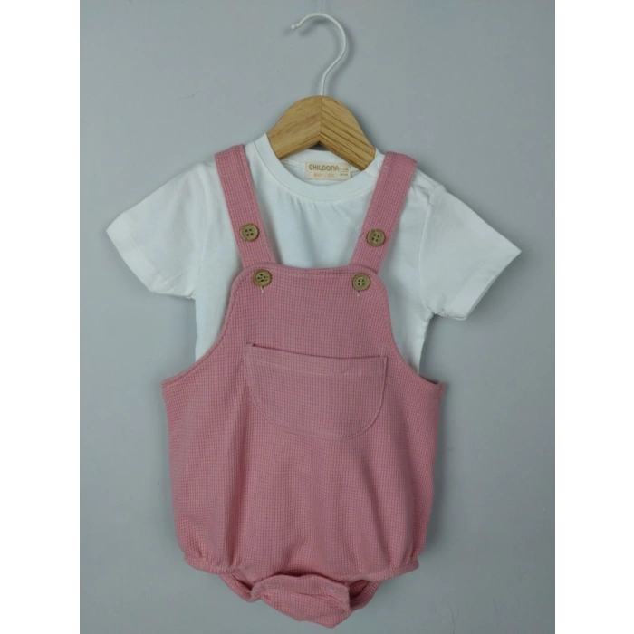 Çıçıtlı Zıbın ve Body Şapkalı Pamuklu Cepli 3lü Günlük Kız Çocuk Salopet Tulum