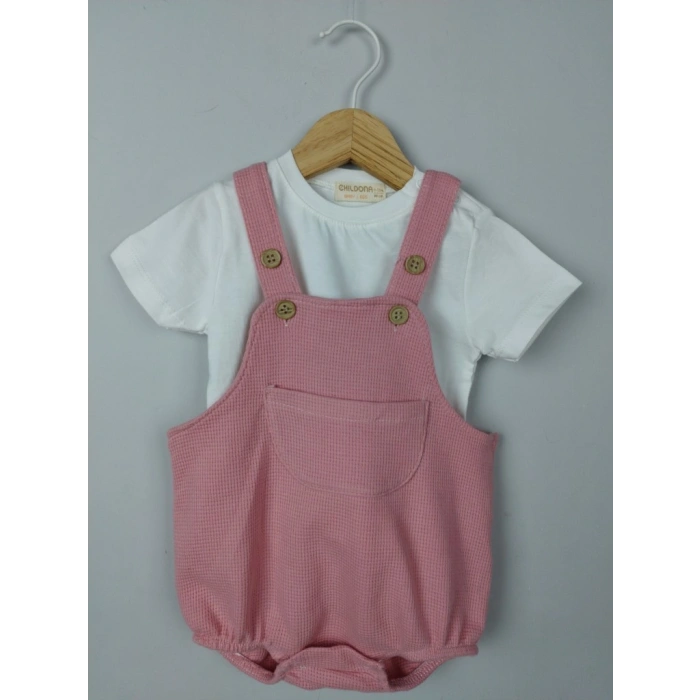 Çıçıtlı Zıbın ve Body Şapkalı Pamuklu Cepli 3lü Günlük Kız Çocuk Salopet Tulum