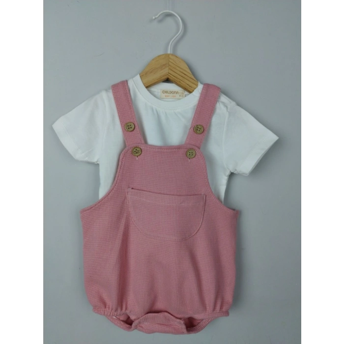 Çıçıtlı Zıbın ve Body Şapkalı Pamuklu Cepli 3lü Günlük Kız Çocuk Salopet Tulum