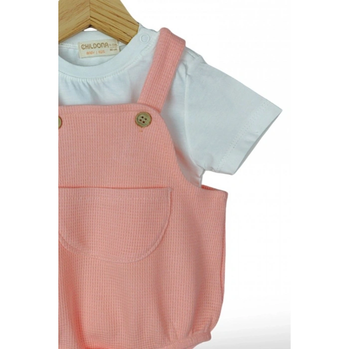 Çıçıtlı Zıbın ve Body Şapkalı Pamuklu Cepli 3lü Günlük Kız Çocuk Salopet Tulum