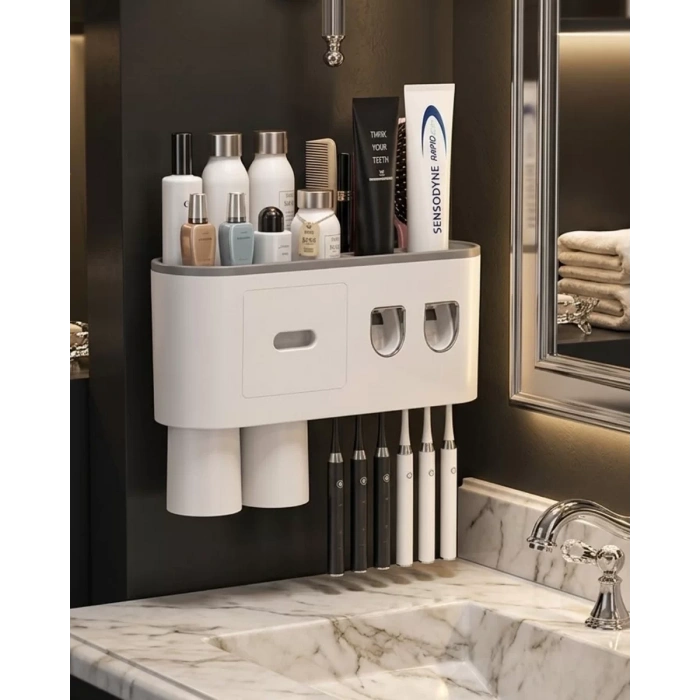Çift Dispenserli Diş Macunu Sıkacağı 6 Fırçalık Bardaklı Banyo Organizer