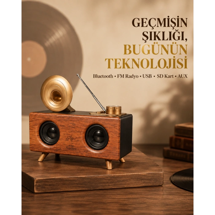 Çift Hoparlörlü Retro Bluetooth Speaker 1800mAh Bataryalı AUX USB SD Kartlı