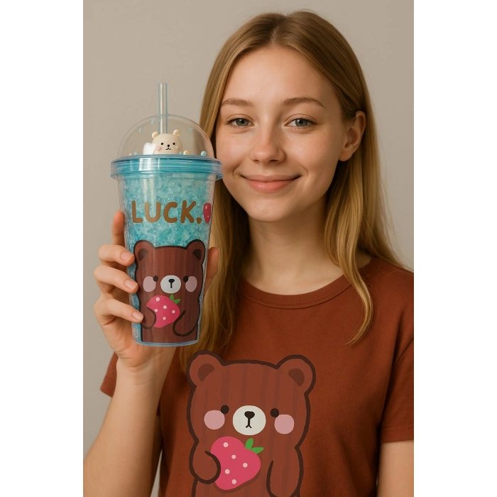 Çılgın Bear Suluk Pipetli Buzlu Cam Görünümlü 450 ML Çift Katman Mika Sevimli Suluk 2093 Mavi