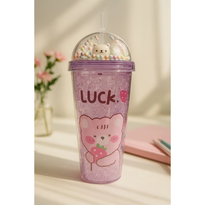 Çılgın Bear Suluk Pipetli Buzlu Cam Görünümlü 450 ML Çift Katman Mika Sevimli Suluk 2093 Mor