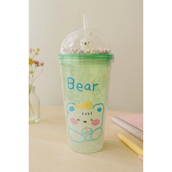 Çılgın Bear Suluk Pipetli Buzlu Cam Görünümlü Led Işıklı 450 ML Çift Katman Mika 2093 Yeşil