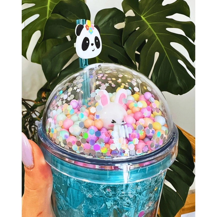 Çılgın Suluk Pipetli Buzlu Cam Görünümlü Led Işıklı 450 ML Çift Katman Mika 2093 Mavi