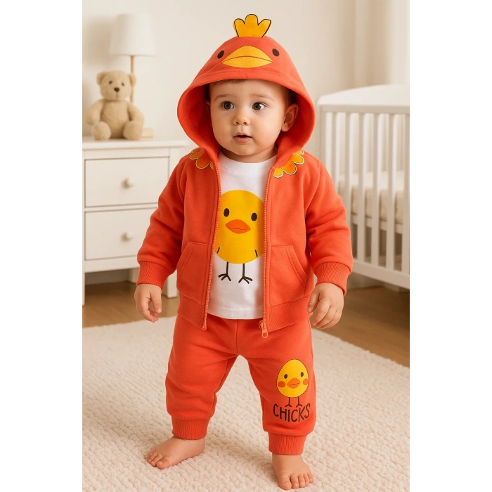 Civciv Desenli Kapişonlu 3lü Erkek Bebek Takımı
