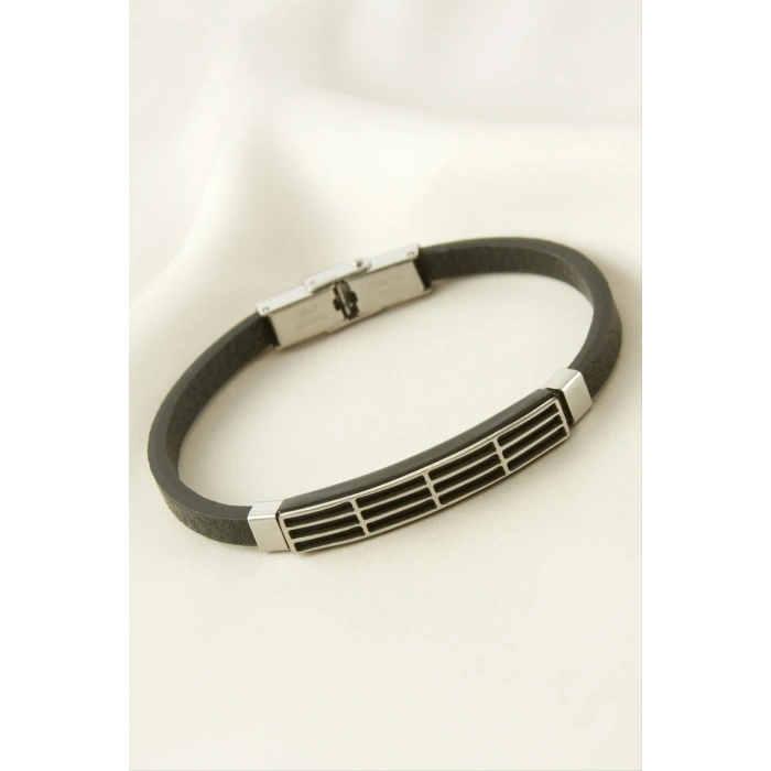 Çizgili Deri Çelik Bileklik