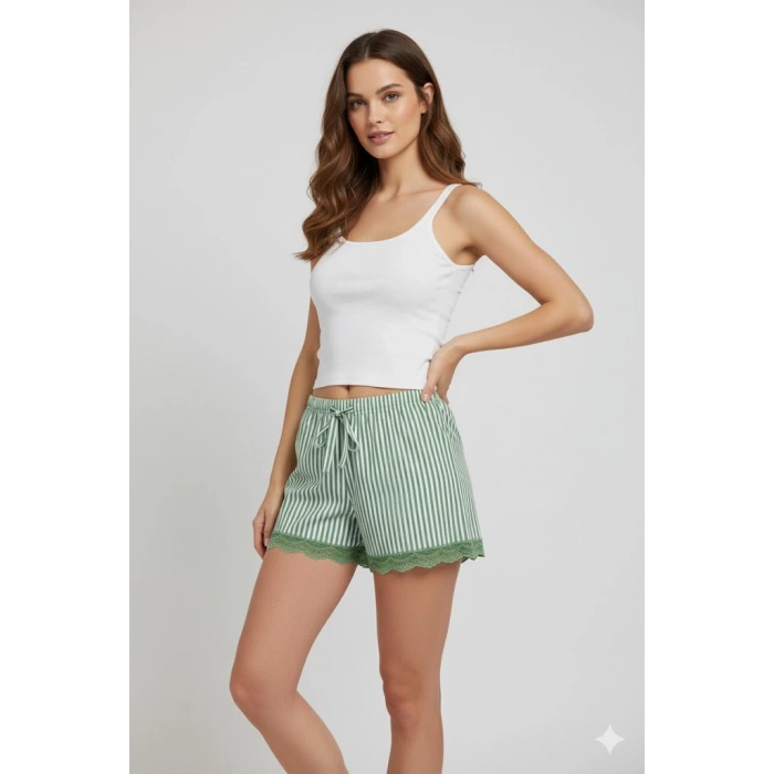 Çizgili Penye Kadın Ev Şortu Bacak Dantel Detaylı Ev Giyim Yeşil