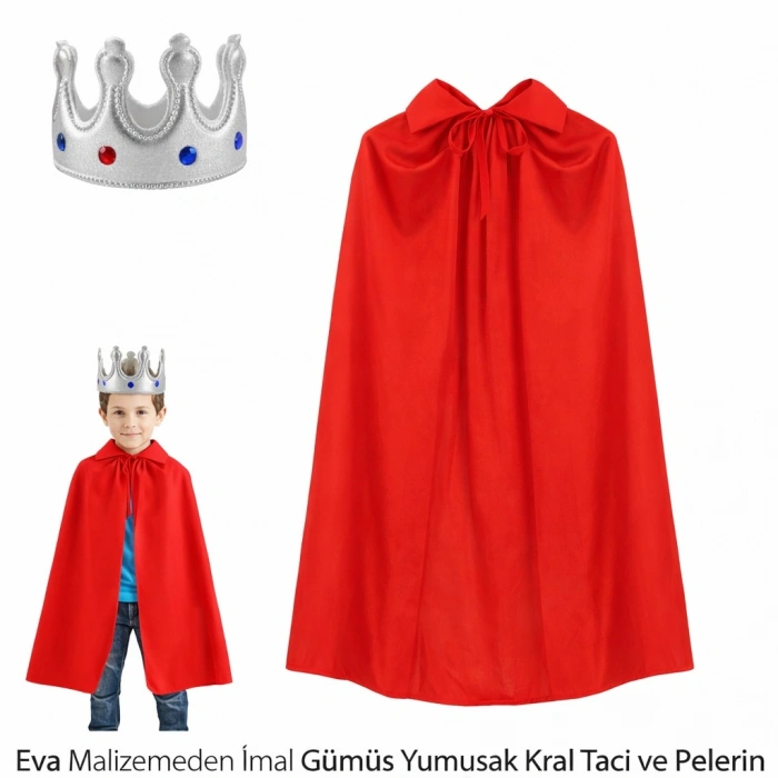 Çocuk Boy Kral Pelerini 90 cm ve Yumuşak Eva Kral Tacı Gümüş Renk (4887)