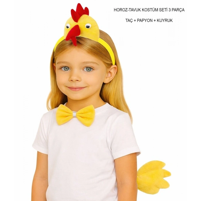 Çocuk Horoz Tavuk Kostüm Seti 3 Parça (Taç + Papyon + Kuyruk)