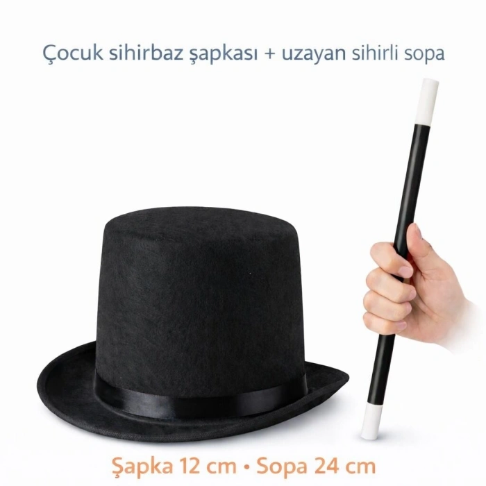 Çocuk Sihirbaz Şapkası ve Uzayan Yaylı Sihirli Sopa Seti