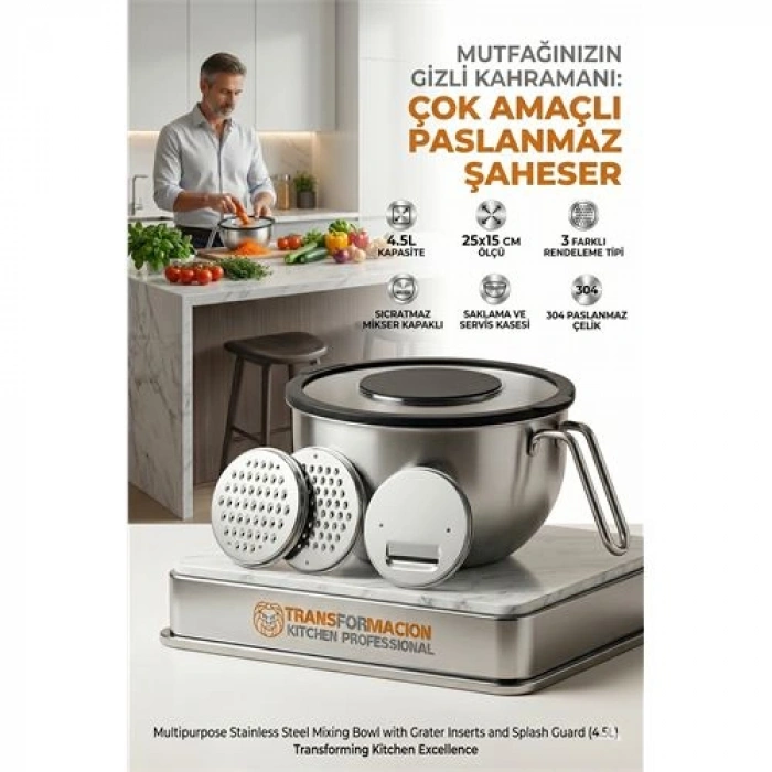 Çok Amaçlı Rendeli Paslanmaz Çelik Karıştırma Kabı - Sıçratmaz Mikser Kapağı Ve Saklama Kasesi 4.5l 723130