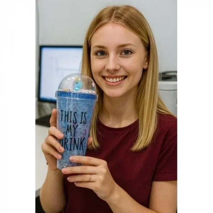 Cool Temalı Buzlu Cam Görünümlü Laci Suluk Pipetli 450 ML Çift Katman Mika Su Şişesi 2742
