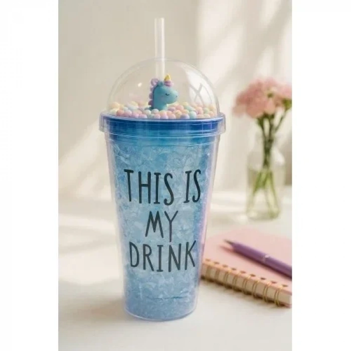 Cool Temalı Buzlu Cam Görünümlü Laci Suluk Pipetli 450 ML Çift Katman Mika Su Şişesi 2742