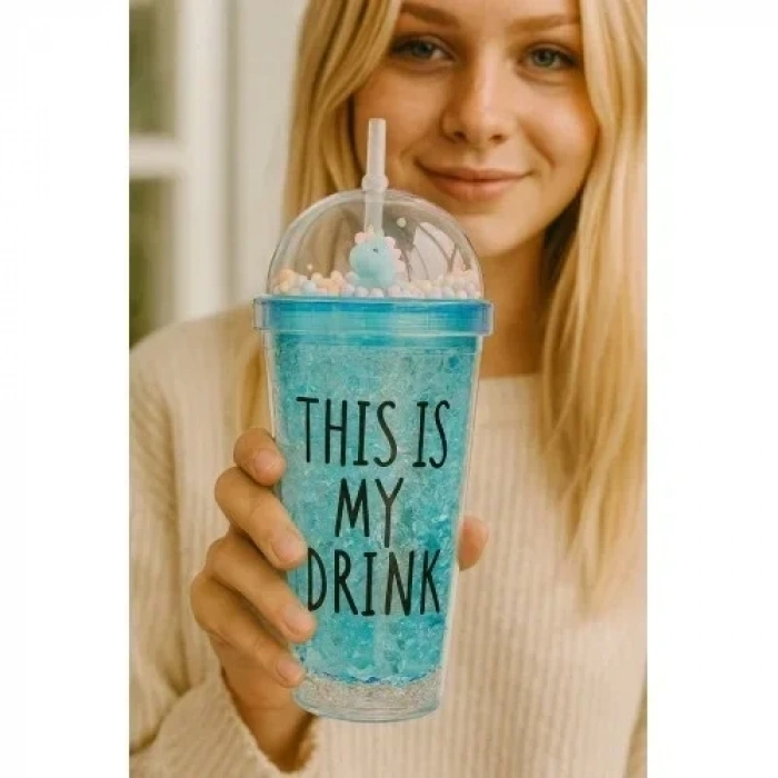 Cool Temalı Buzlu Cam Görünümlü Mavi Suluk Pipetli 450 ML Çift Katman Mika Su Şişesi 2742