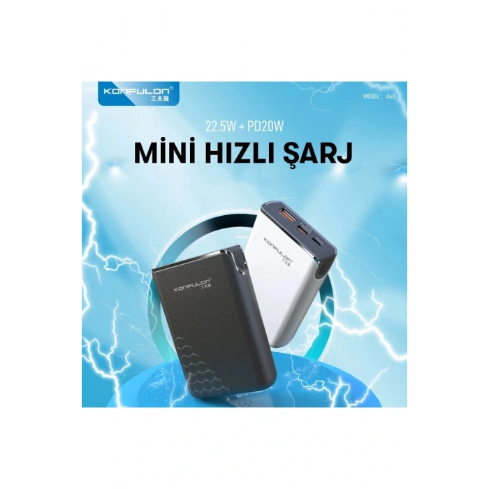A6Q 22.5W Usb 3.0 ve 20W Type-C Çıkışlı 10.000 mAh PD Powerbank - Siyah