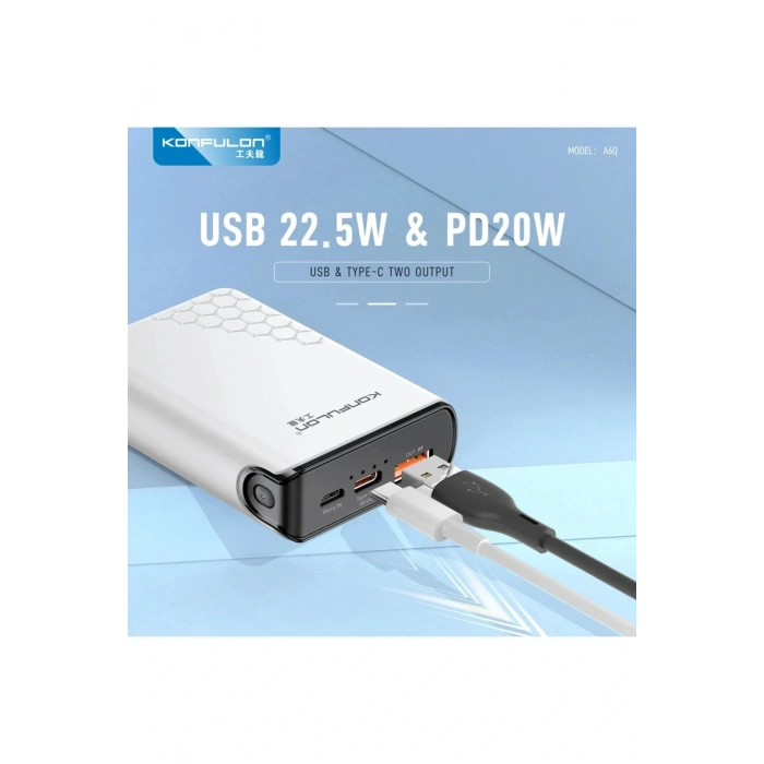 A6Q 22.5W Usb 3.0 ve 20W Type-C Çıkışlı 10.000 mAh PD Powerbank - Siyah